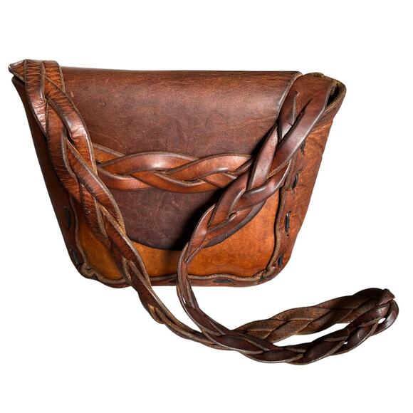 Vintage Brown Leather Shoulder Bag Braided Strap Boho Hippie - Picture 16 of 16